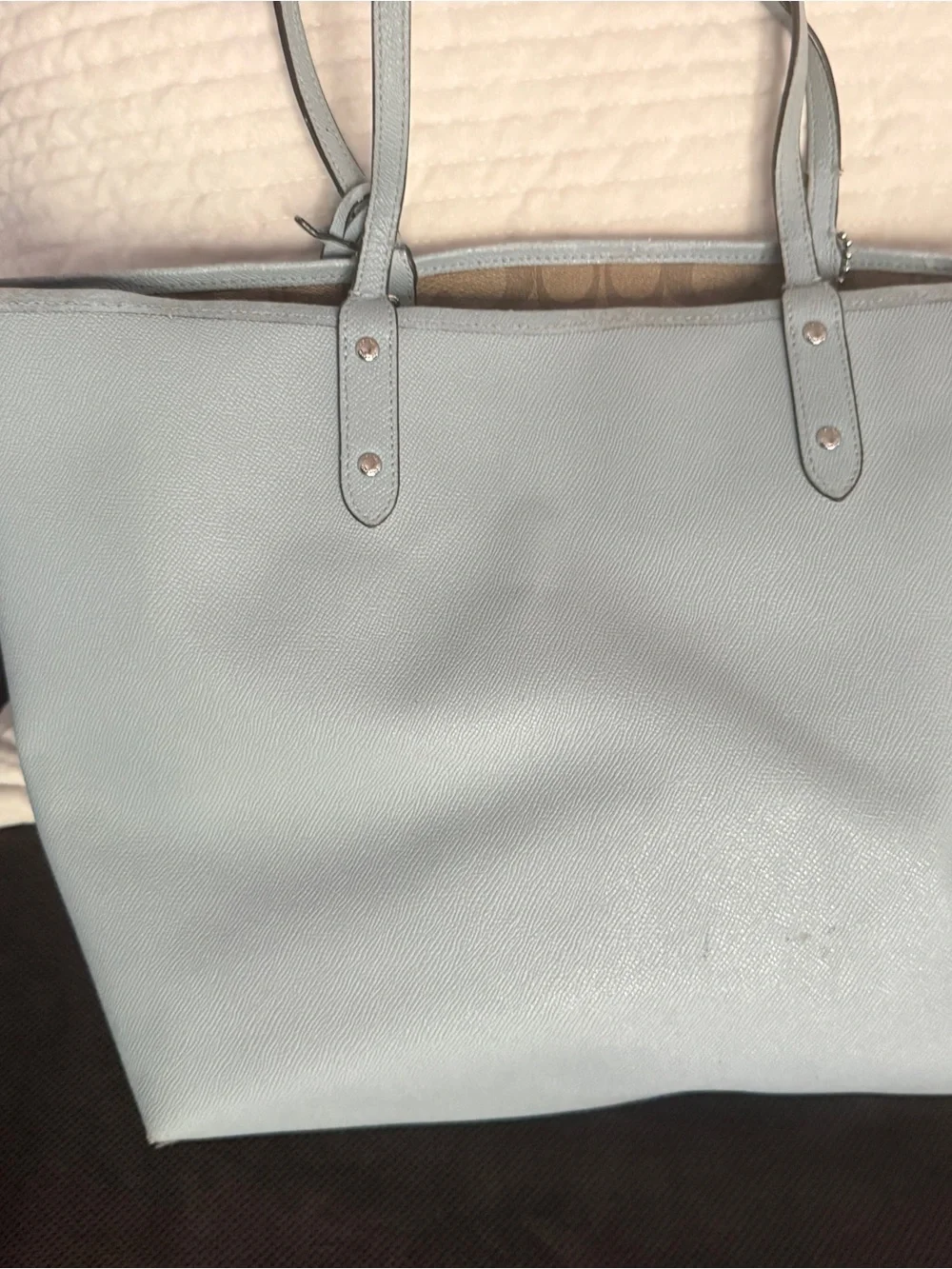 Coach Light Blue Pebbled Leather Tote with Silver Accents